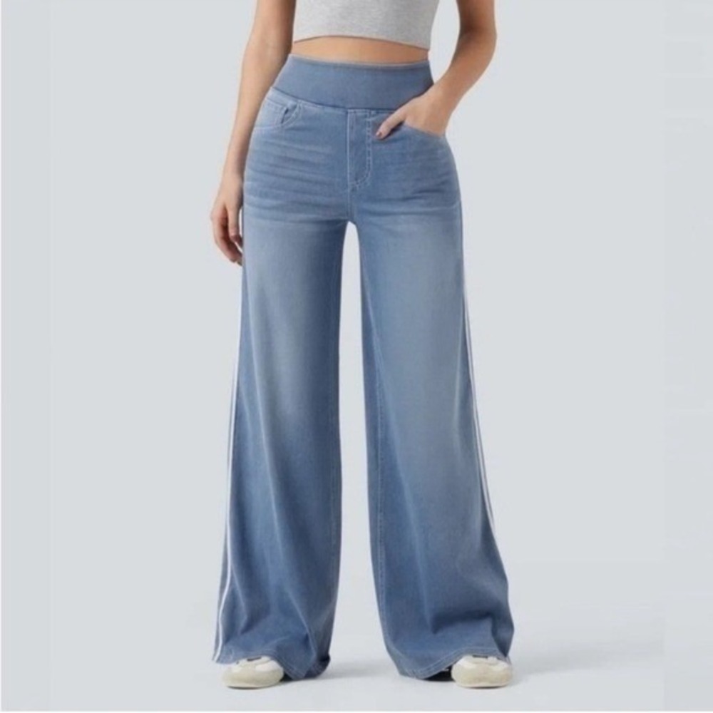Halara Flex High Waisted Stripe Wide Leg Jeans light blue stretch size large NEW